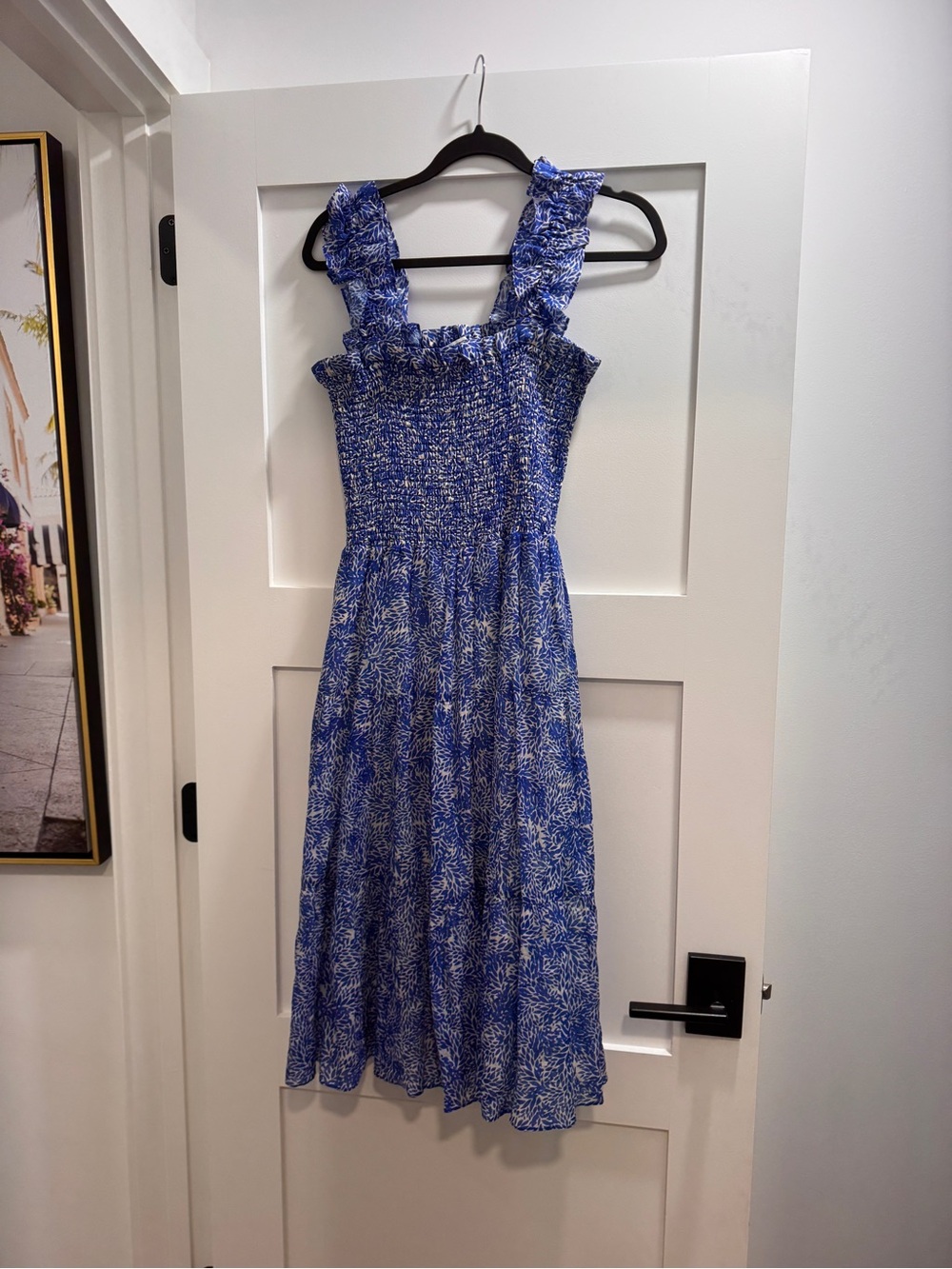 Amanda Uprichard Blue Printed Smocked Midi Dress with Ruffle Straps small - Picture 3 of 3